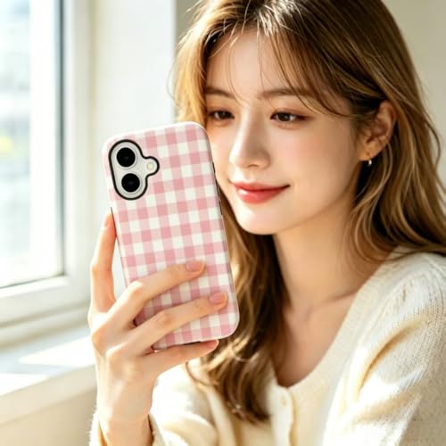 Image of for iPhone 16 Case Cute Phone Case,Compatible with MagSafe,Dual Layer Shockproof Protective Phone Cover,Hard Shell + Silicone Cover,Fashion Design for Women Girls,Pink and White Plaid