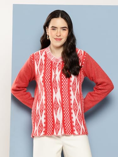 Image of Aarika Womens Winter Wear Maroon Colour Geometric Woolen Cardigan