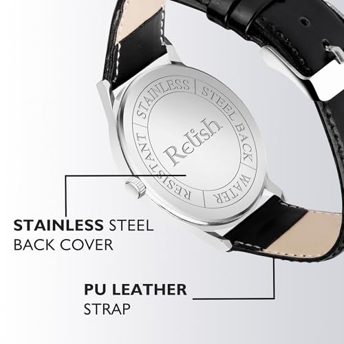 Image of Relish Watch for Men & Boys with Grey & Black PU Leather Strap, Quartz Analog Wrist Watch