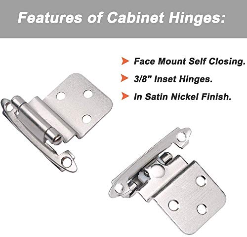 3/8" Inset Cabinet Hinges-4 Pack Satin Nickel Cabinet Hinges For Variable Kitchen Bathroom Cabinet Doors -2 Pairs Flush Face Mount Cupboard Self-Closing Kitchen Cabinet Hardware Hinges #TOP3