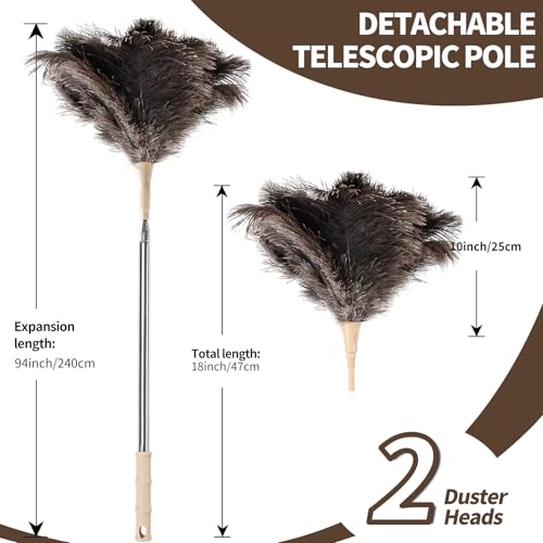 Image of Ostrich Feather Duster 27-94Inch Retractable Fluffy Natural Detachable Ostrich Feather Duster Used for Household Cleaning and High-Altitude Cleaning (2PCS)