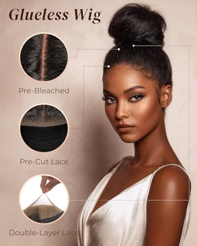 Image of Arabella 3 In 1 Half Wig Kinky Straight Upgraded Glueless Wigs HD Lace Human Hair Yaki Straight Invisible Hairline 210% Density 12A Wear & Go 3D Cap Seamless Drawstring Beginner Friendly 20 Inch