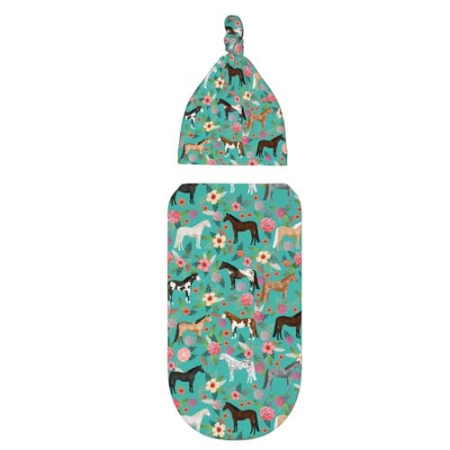 Image of Horse Baby Gift for Girls Newborn Swaddle Blanket Beanie Set, Soft and Stretchy Horse Blanket Swaddle Sack for Baby Shower