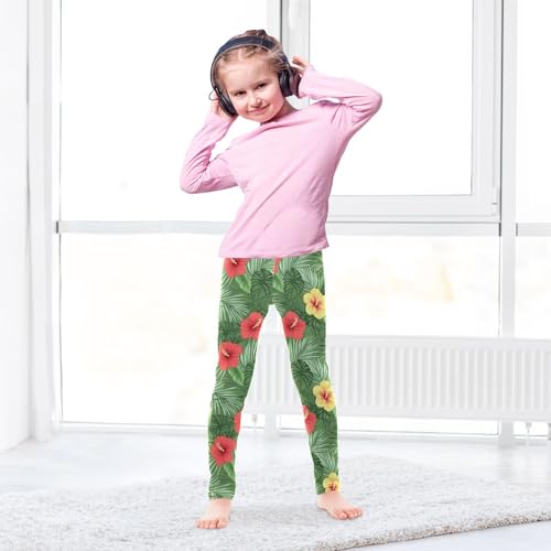 Red Yellow Hibiscus Palm Leaf Girls Casual Leggings for Kids Printed Long Pant Bottoms Stretch and Soft4