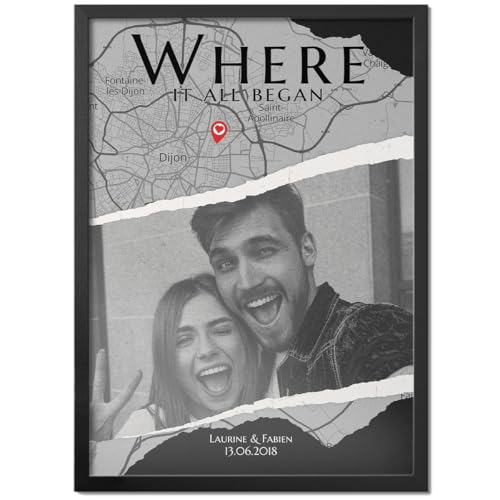 Pictalia - Cadre photo personnalisé pour couple Old School, Lieu de rencontre, date de rencontre, photo et texte personnalisable, cadeau Homme Femme,...