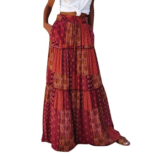 Floral Maxi Skirt for Women Summer 2025 Trendy Boho Elastic High Waisted Skirts A-Line Flowy Long Tiered Maxi Skirts