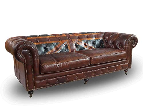 Chesterfield Union Jack - 3-Sitzer Sofa - Leder Vintage Cigar (Dunkelbraun) Echtleder Sofa Couch