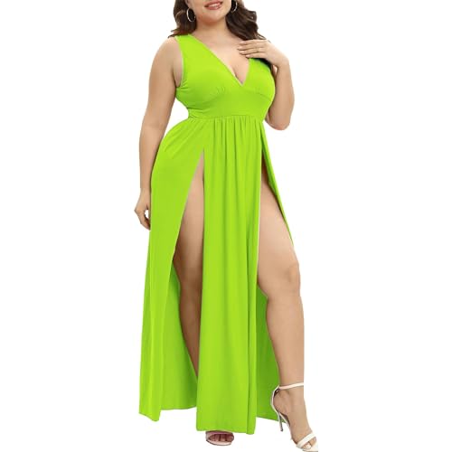 Image of SILUI Women's Summer 2026 Sexy Double High Slit Deep V Neck Plus Size Sundresses Thigh Split Maxi Club Party Dresses
