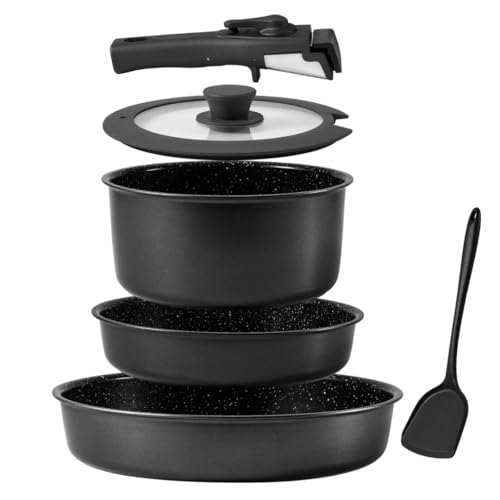 Pots and Pans Sets Non Stick，6PCS Ceramic Cookware Sets Nonstick Detachable Handle，Induction hob Pans(Grey)