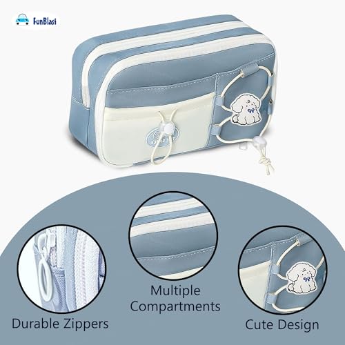 Image of FunBlast Pencil Pouch for Girls - Aesthetic Multi-Compartment Zipper Pouch with Drawstring Pocket, Cute Kawaii Pencil Case, Stylish Stationery Pouch, Return Gift for Kids & School Use (Grey)