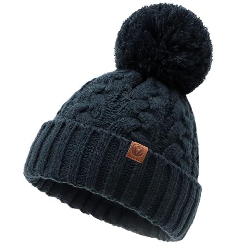 Image of FUOITA Toddler Winter Hat Toddler Pom Pom Beanie Kids Warm Lined Knit Hat Baby Winter Hats for Girls Boys 3M-8T