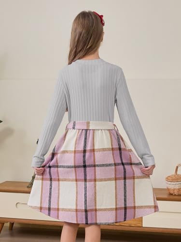GORLYA Girls Long Sleeve Mock Turtleneck Plaid Contrast Bowknot A-Line Party Dress with Belt 6-14Y (GOR1252,8Y,Pink Plaid)2
