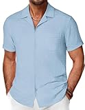 PJ PAUL JONES Mens Short Sleeve Dress Shirts Cotton Linen Shirts Summer Beach Untucked Shirt Light Blue