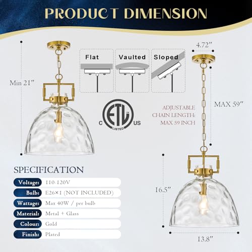 Image of 13.8 inch Gold Glass Pendant Light, Clear Glass, E26 Hanging Light | 13.8 inch gold clear glass pendant light with adjustable chain, E26 socket for kitchen islands and dining rooms