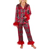 NUFIWI Womens Christmas Pajamas Feather Trim Pajama Set Holiday Long Sleeve Button Top Pants Matching Pjs 2Piece Lounge Sleepwear (D Plaid Red 21,S)