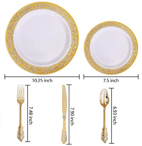 Supernal 300Pcs Gold Plastic Dinnerware,Gold Plastic Plates,Lace Party Plates, Gold Plastic Silverware, Gold Plastic Utensils Suit For Wedding，Birthday，Party #TOP1