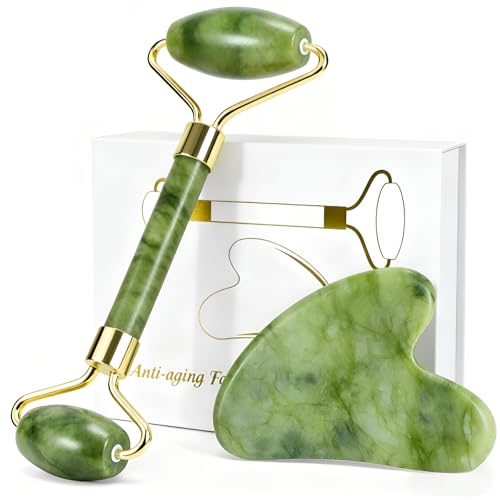 MASSOVIBE Jade Roller & Gua Sha Set - Natural Jade Face Roller Massage Skincare Tools for Women Muscle Relief Improve Eye Puffiness Skin Glow (Green)