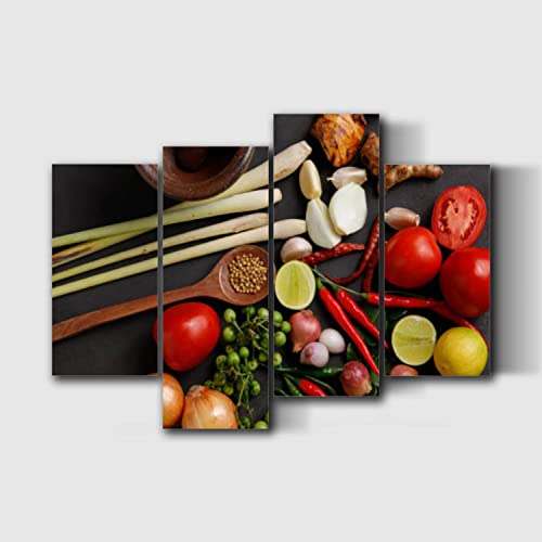 Thai kitchen Various herbs spices Ingredients dark Top view copy space Thai Food Canvas Prints Wall Decor 4 Pieces Modern Kitchen Art Decor for Living Room Bedroom Bathroom Office Restaurant