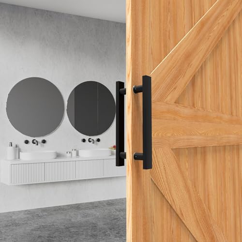 Image of 12 inch Matte Black Square Barn Door Pull Handle Double Sided | Heavy-Duty 304 Stainless Steel, 7-7 /8 inch Hole Spacing, Fits 3 /4 inch-2 inch Thick Barn, Front Entry, Sliding & Exterior Doors