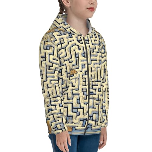 Small Labyrinth Treasure Map Print Girls Athletic Zip Up Hoodies,Sweatshirts with Pockets Long Sleeve Hooded Jackets, for 7-18 Y Black3