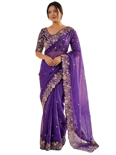 Image of SIRIL Women's Shimmer Georgette Scalloped Border Sequins Embroidery Saree with Unstitched Blouse Piece