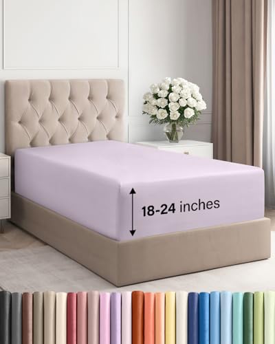 Image of Extra Deep Twin Fitted Sheet - Single Fitted Sheet Only - Light Lavender | Easily Fits 18 inch to 24 inch Mattress, Soft, Wrinkle Free, Breathable & Comfy, Extra Deep Pockets Hotel Luxury Fitted Sheet