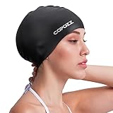 COPOZZ Women‘s Swim Cap for All Hair - Large, Comfortable Silicone Swimming Cap, Waterproof Design for Long, Short, Thick & Curly Hair | Secure & Comfortable Fit (Black-12yrs+)