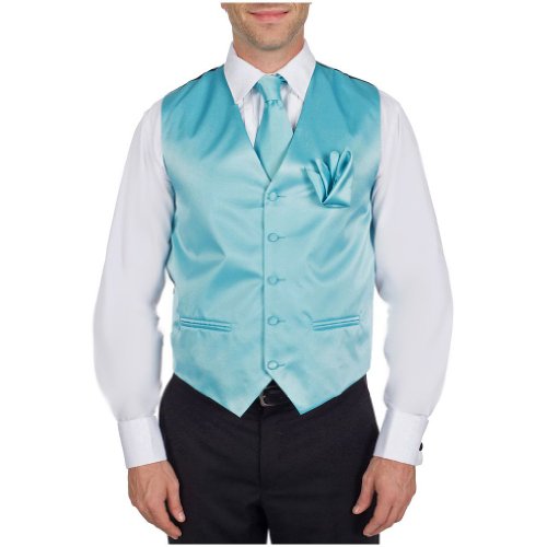Mens Formal Solid Color Satin Tuxedo Formal Vest Neck Tie Hanky Set Turquoise