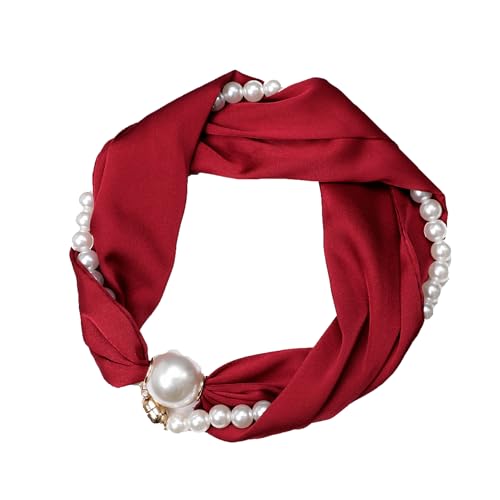 Elegant Pearl Chain Necklace Scarf with Magnetic Clasp Solid Color Satin Scarf,Skinny Silk Neckerchief(P13)