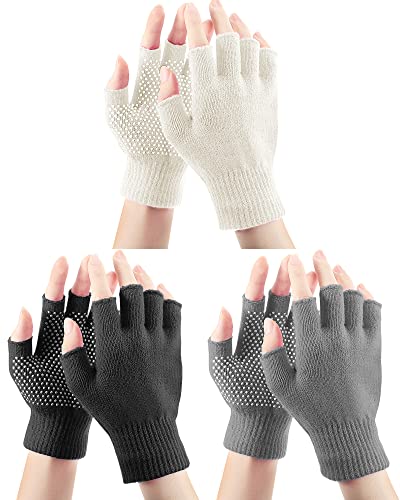 3 Paires Gants Demi-Doigts Antidérapants Mitaines Sans Doigts Unisexes en Tricot pour Hiver (Noir, Blanc, Gris) Cover