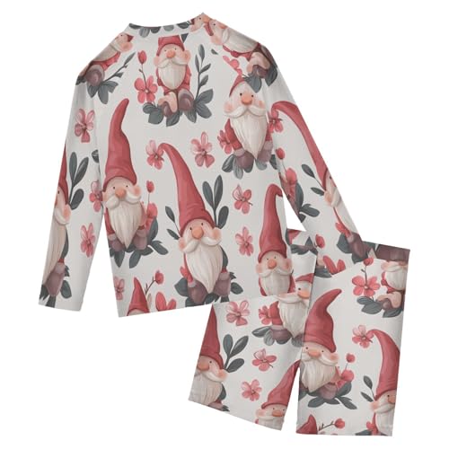 Gnome and Floral Boys Swimsuit Rash Guard Toddler Kids Long Sleeve Swim Shirt and Trunks Swimwear Set 3-10Y2