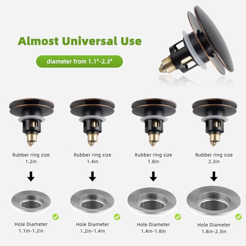 Image of Universal Bathroom Sink Drain Stopper Strainer, 2PCS, Oil Rubbed Bronze | 2 in 1 Pop Up Sink Stopper for 1.1''~2.36'' Sink Basin Hole, Hair Catcher with Removable Stainless Steel Filter Basket