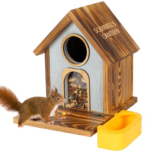 MIXXIDEA Wooden Squirrel Feeder, Large Capacity Squirrels Feeders for Outside, Sturdy Construction, No Assembly Lovely Chipmunk Feeder for Corn, Peanut, Nuts, Chestnuts (XL Size with Water Bowl)