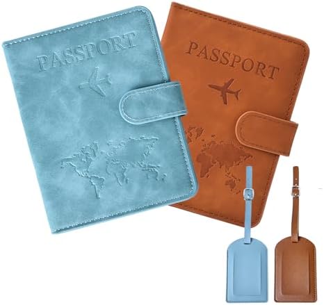 WVD 2 Pcs Passport Holder for Travel and 2 Pcs Luggage Tag, PU Leather Passport Cover Luggage Tags for Suitcases, Travel Essentials Card Wallet Women Mens Leather Wallet (Brown Blue)