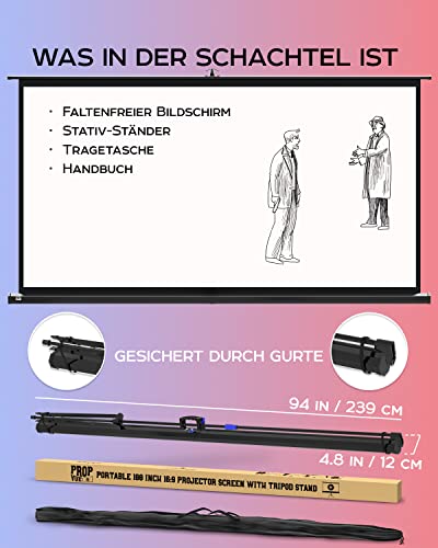 Projektionsbildschirm auf Füßen, 100 Zoll – Bildschirm für Projektor innen und außen für Filme oder Präsentationen – Display auf Stativ HD Premium ohne Falten 16:9 mit Tragetasche und Riemen