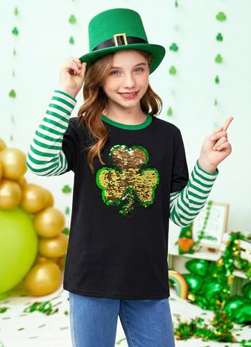 Image of Unisex Kid's St Patrick's Day Shamrock Top Striped Patchwork Irish Clover Long Sleeve Shirt 4-14 Years
