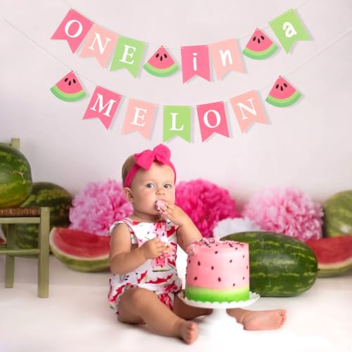 Image of One In A Melon Banner - Summer Sweet Birthday Decorations, Watermelon 1st Birthday, First Party Photo Props, Watermelon Theme Wall Hanging Decorations (One in a Melon Banner)