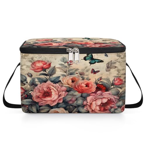 GzLeyigou Retro Floral Peony Lunch Bags for Women Men 9 Cans, Hot & Cold Food Delivery Bag Insulated Grocery Bag Insulated Lunch Box Flowers Cooler Bag for Office Work Picnic Beach