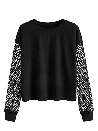 Milumia Women s Plus Size Fishnet Long Sleeve Crewneck Casual Sweatshirt Pullover Tops Black XX-Large Plus