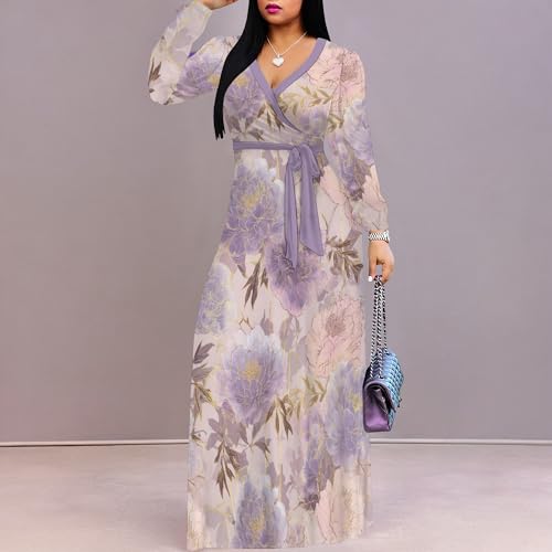Image of PinkPatty Women's Long Sleeve Maxi Dress Plus Size Trendy Wedding Guest Wrap Dress with Pockets&Belt