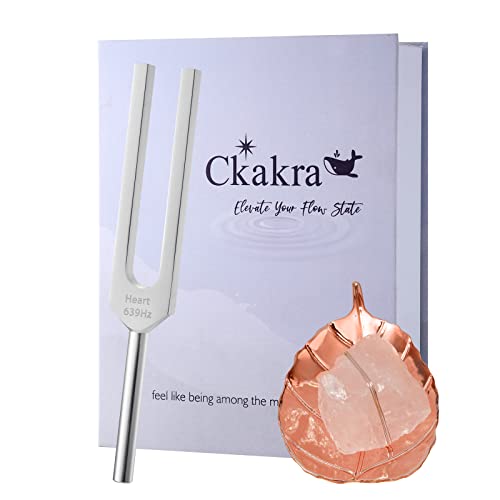 Ckakra Solfeggion Tuning forks with Natural Crystal Kit,Mindfulness Meditation Accessories,Rose Quartz,Calming Tools,639hz Heart Chakra,Bodhi Leaf