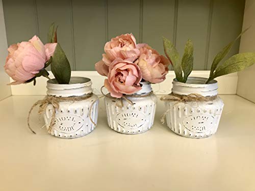 Rustic Linen White Chalk Painted Jars - Distressed 8 oz Decorative Storage Set of 3
