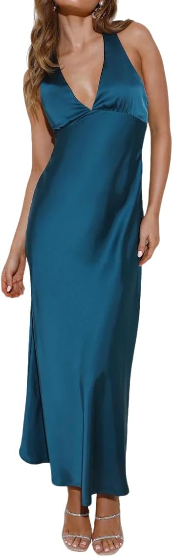 Summer Satin V Neck Backless Maxi Dresses for Women 2026 Silk Sleeveless Formal Bridesmaid Wedding Guest Dress