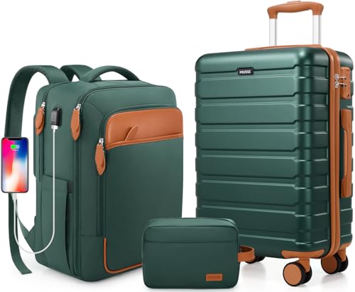 Miusse 50,8 cm Hartschalen-Gepäck-Set mit Rucksack, 55,9 x 35,6 x 22,9 cm, von Fluggesellschaften zugelassenes Handgepäck für Männer und Frauen, Geschäftsreisen und Wochenendausflüge, Dunkelgrün, 3