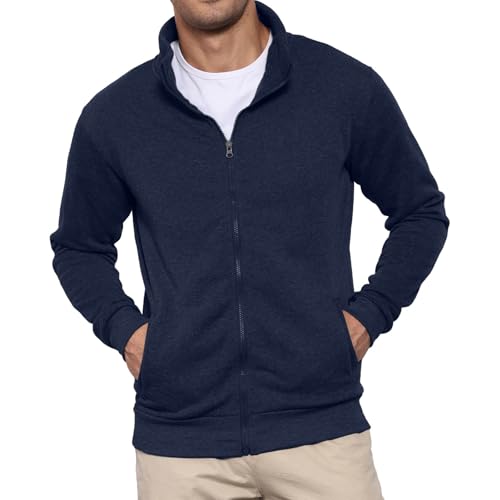 BRAPRO Men's Full Zip Sweatshirt No Hood Hoodies Casual Cardigan Lightweight Cotton Fleece Loose Sports Activewear Navy L