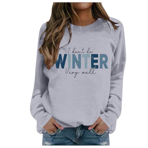 Women's Trendy Pullover Hoodie Letter Print Round Neck Top For Fall & Winter Quarter Pullover Women (Grey-B, L)