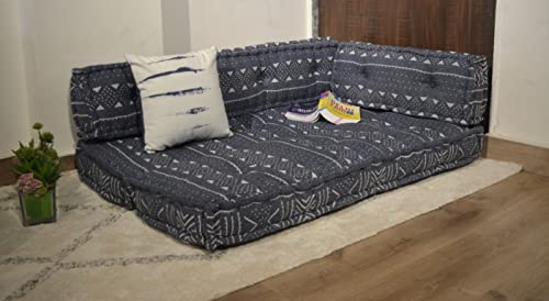 Image of ASHEVILLE Handcrafted Cotton Upholstery 2 Seater Sofa for Living Room Bedroom Home | No Wood Foldable Modular Sofa Set | Low Floor Seating Corner Cushion Sofa, 2 Person Lowseat (3 Pices, Indigo Blue)