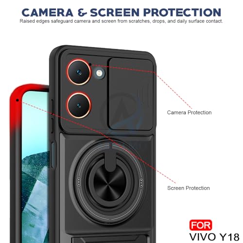 Image of AESTMO Vivo Y18 /Y18E /T3 Lite /iQOO Z9 Lite 5G Back Cover|Armor Camera Slider 360 Degree Rotating Finger Ring Holder Case with Bracket Stand Back Case Cover (Compatible with MagSafe Accessories) Black