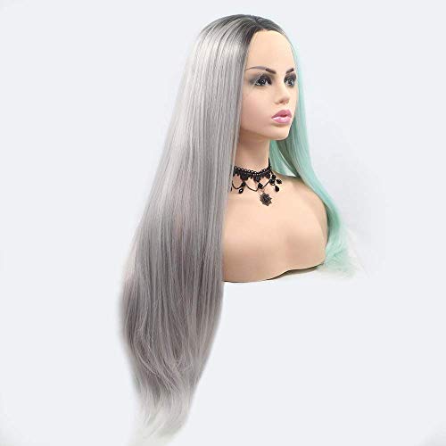 Perruque cheveux raides longs noir gris vert clair avec dentelle faite main - 5