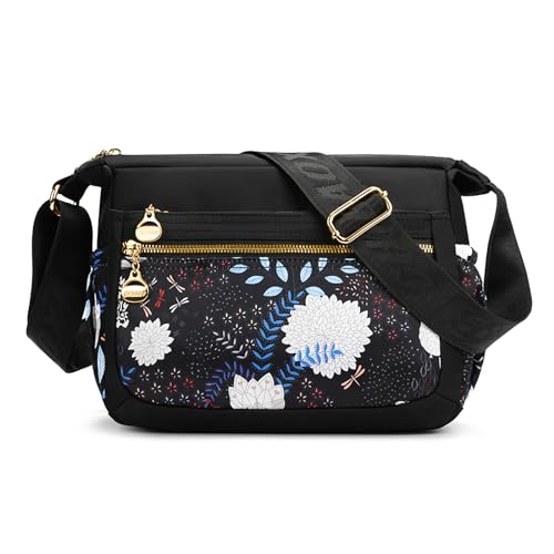 FORRICA Bolso Mujer Bandolera Grande Colorida Bolso de Hombro Bolsa Cruzado Ligera Nylon Crossbody Múltiples Bolsillos Flor C